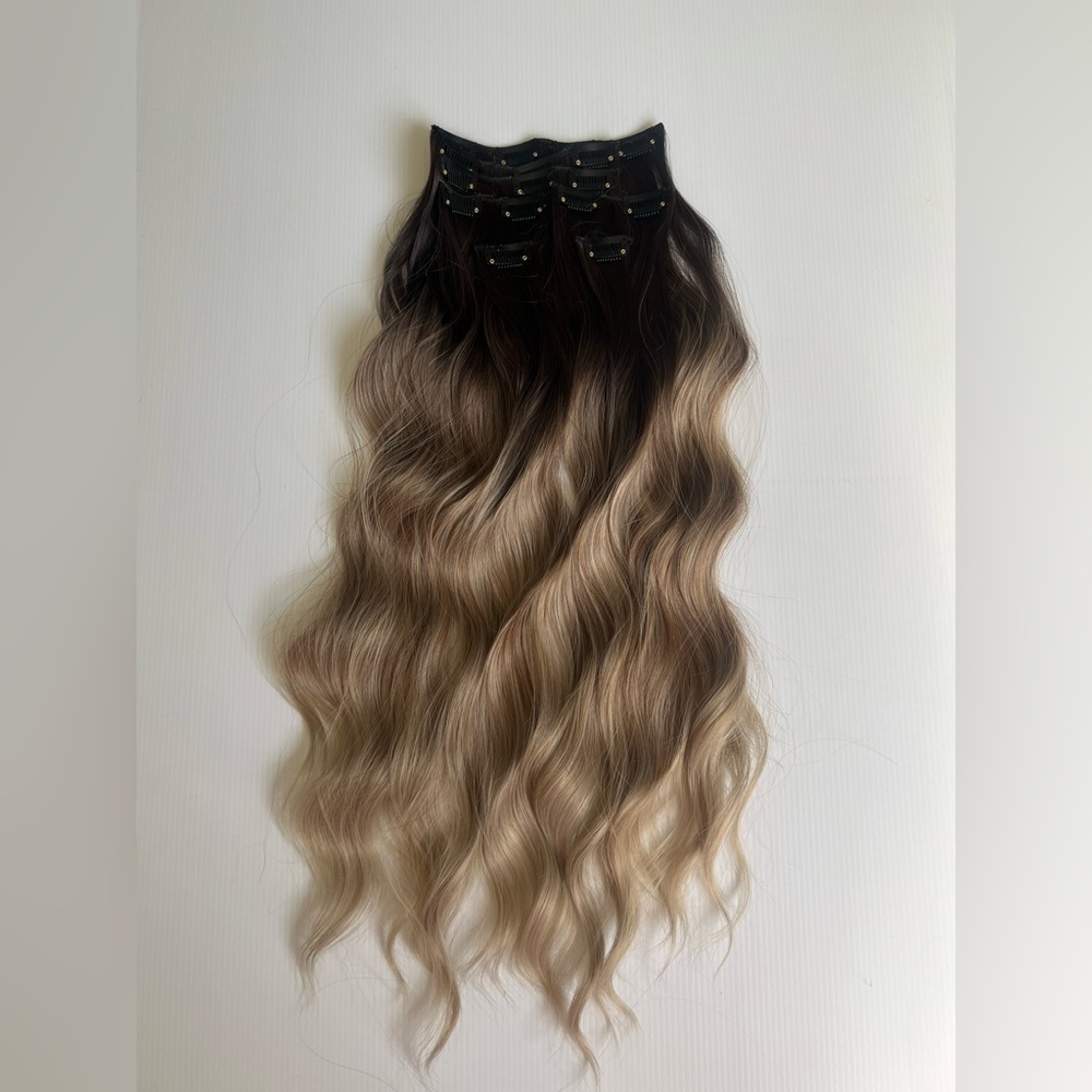 Human hair Blend Water Wave Ash Blonde Balayage Hair Extensions Set